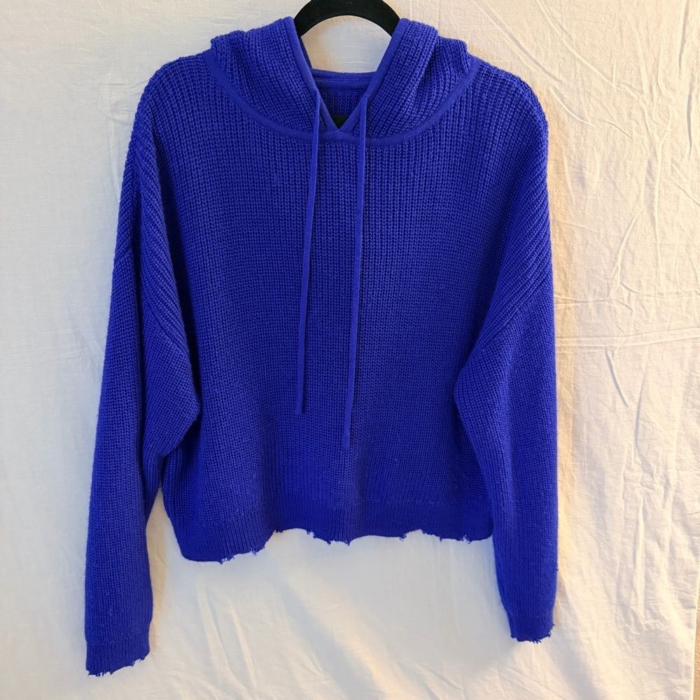 RTA Distressed Hem Knit Hoodie Blue Wool Blend Sweater Sz S Relaxed Edgy